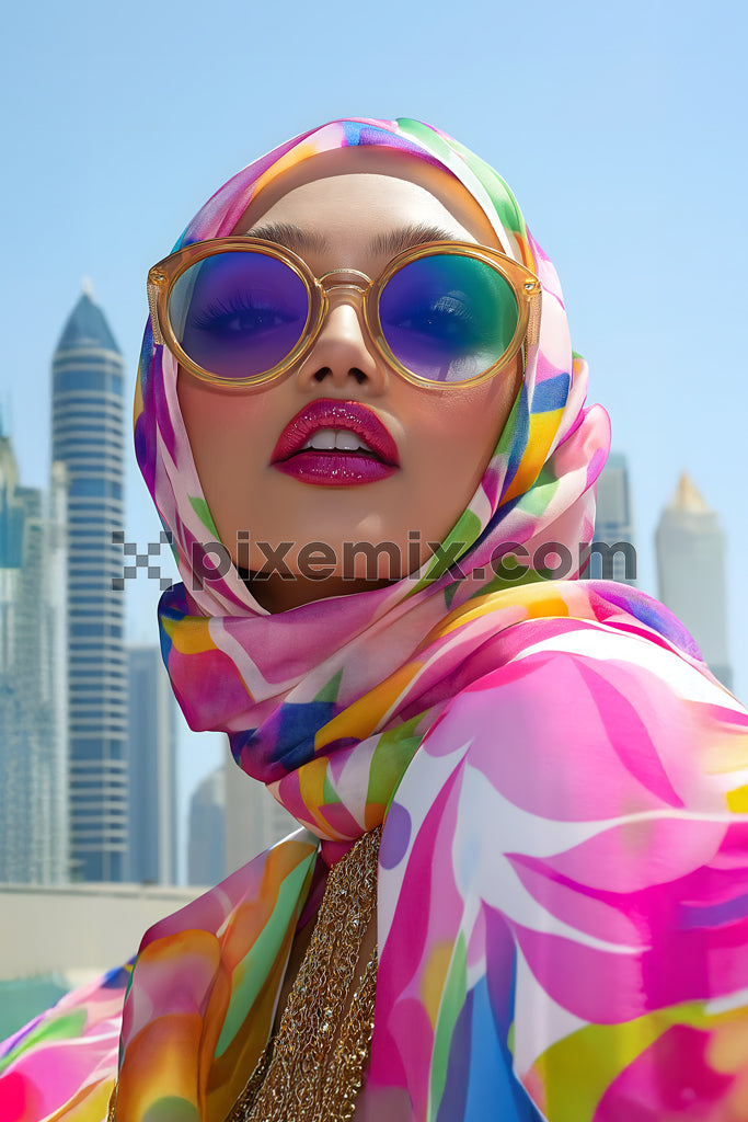Stylish woman in colorful hijab and sunglasses posing confidently against a modern urban skyline.