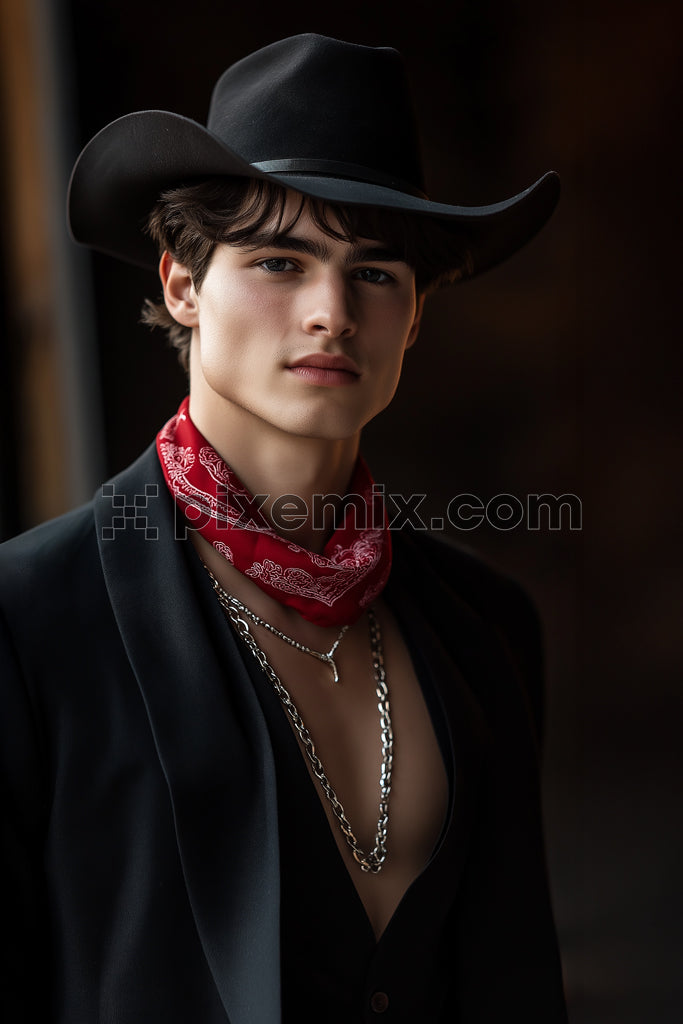 Stylish young man in cowboy hat, red bandana, and black suit stock image.