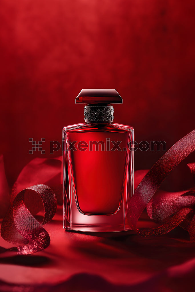 Luxurious red perfume bottle on rich red background with satin ribbon stock image.