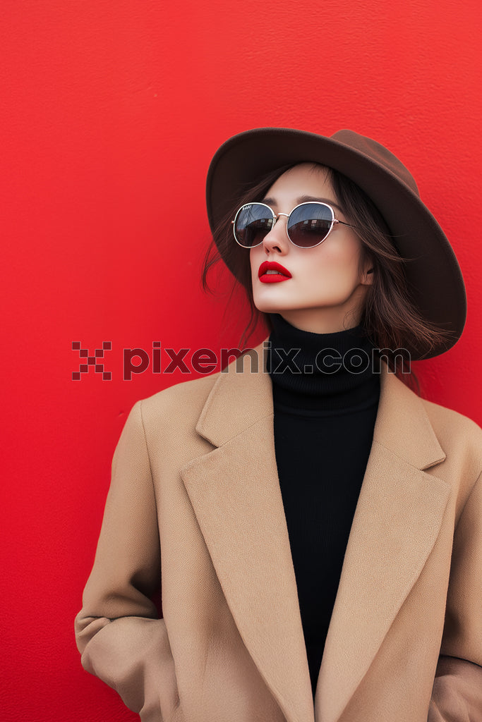 Stylish woman in coat and hat posing confidently against vibrant red background.