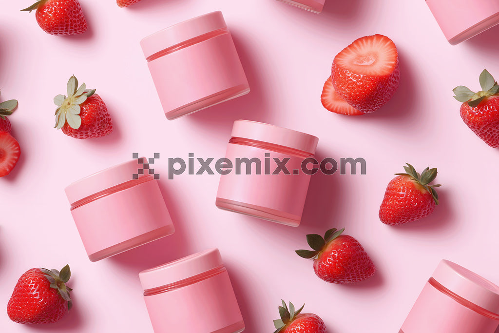 Strawberry skincare cream jars on pink background with fresh strawberries stock image.