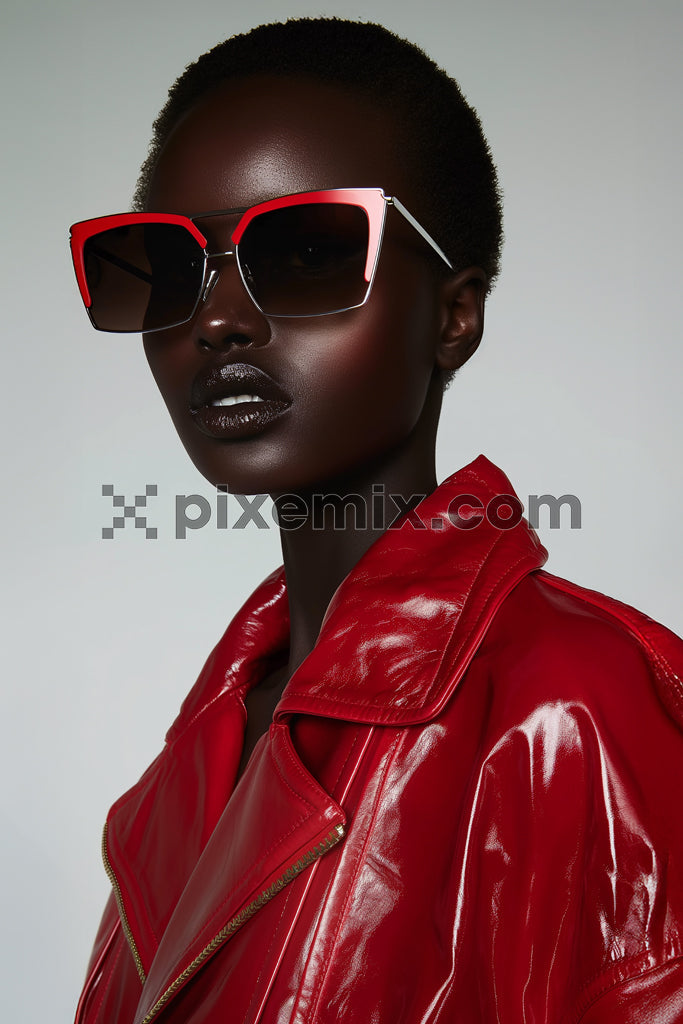 Bold fashion portrait featuring woman in red leather jacket and oversized sunglasses stock image.