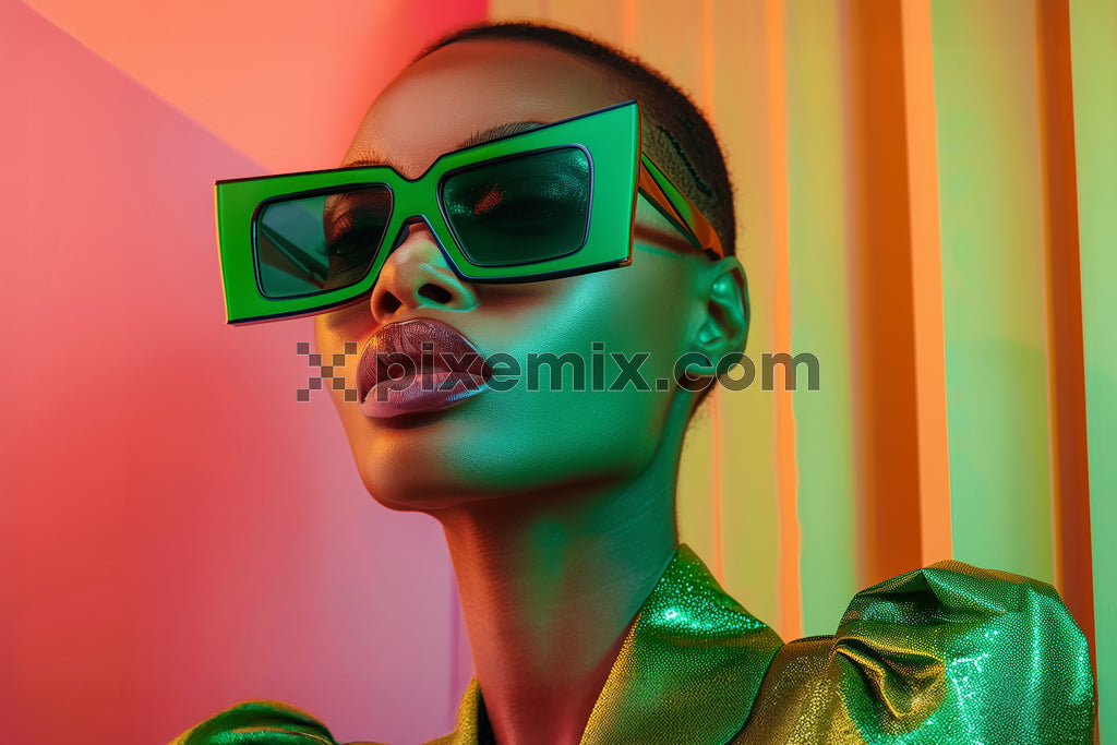 Futuristic fashion portrait with green oversized sunglasses and metallic outfit against vibrant color background.