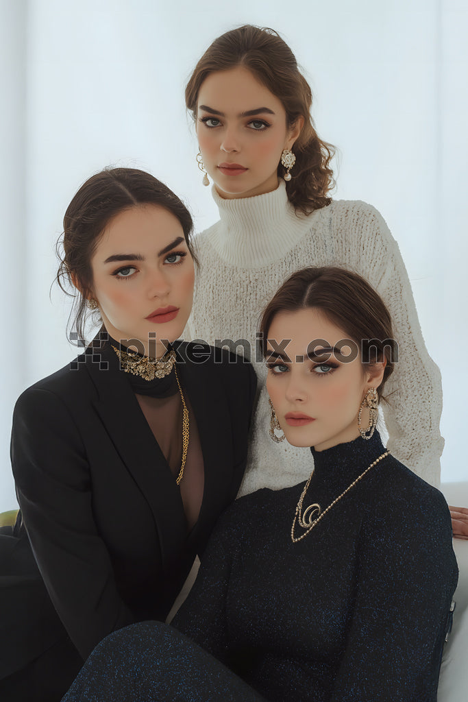 Elegant women in luxury fashion outfits and jewelry posing together in a minimal indoor setting stock image.