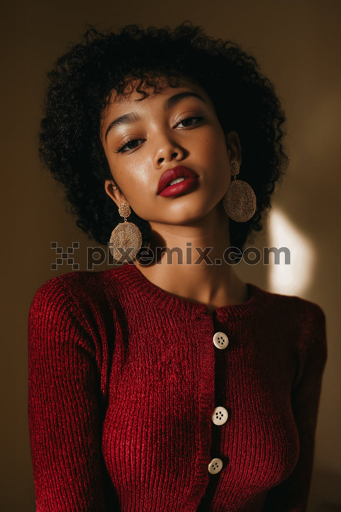 Elegant woman in red sweater with bold lipstick and statement earrings stock image.