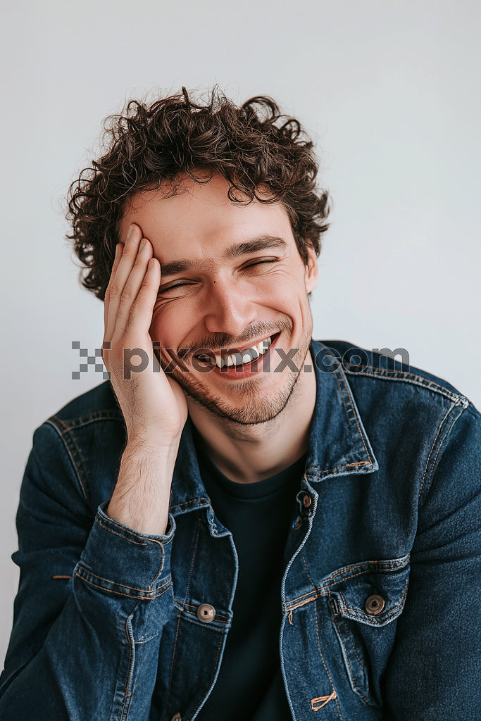 Cheerful young man in denim jacket laughing with hand on face against light background.