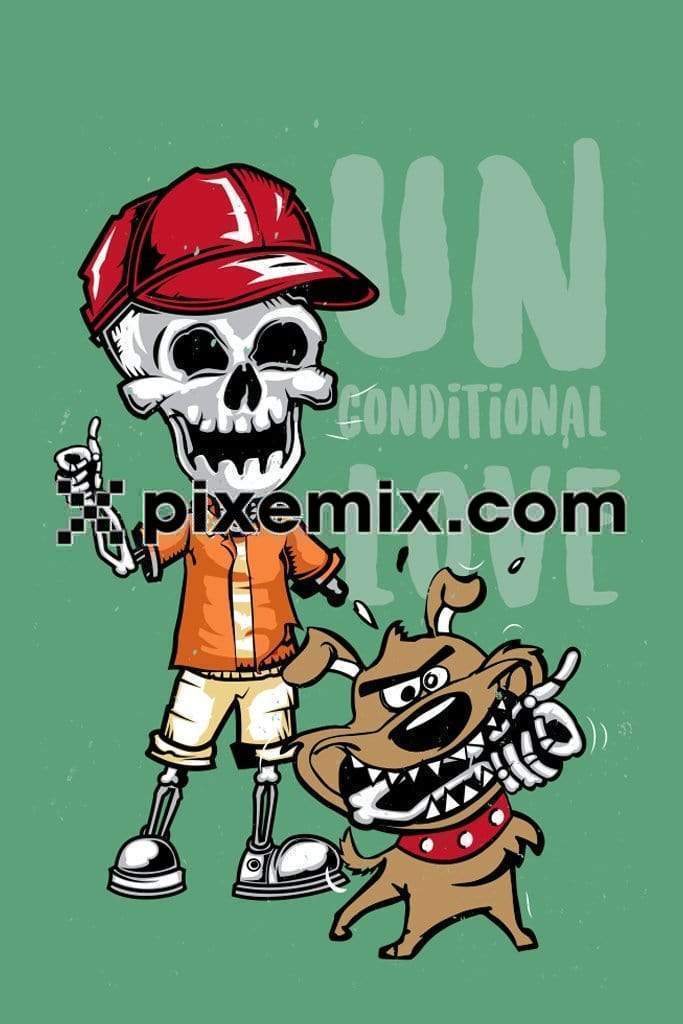 Cartoon inspired quirky skeleton with dog vector product graphic