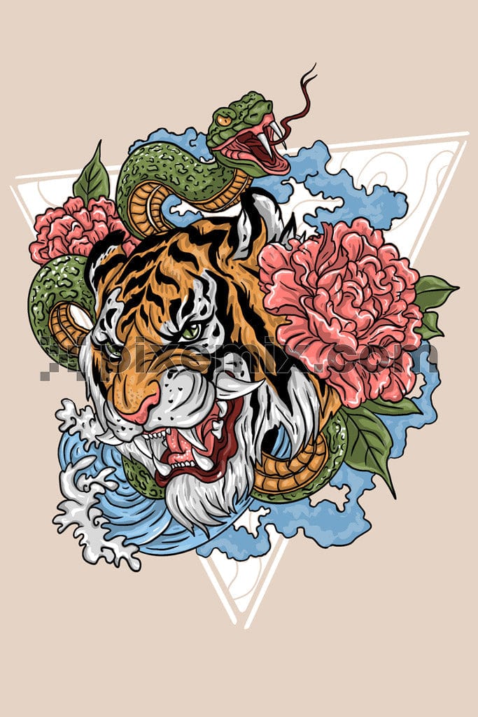 Oriental angry tiger with snake product graphic
