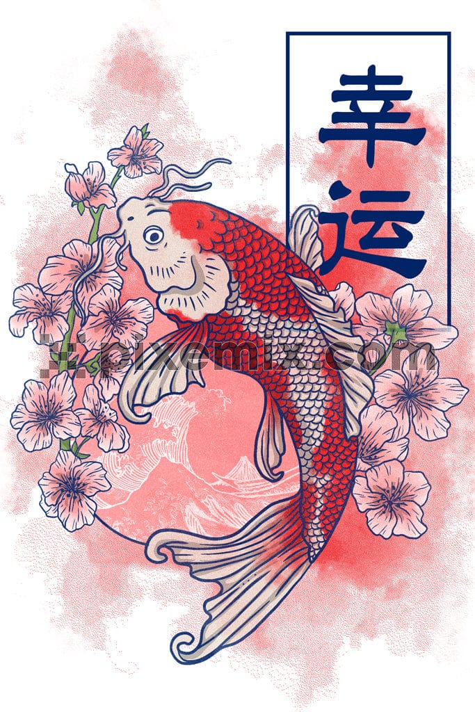 Oriental art inspired japanes koi fish with florals product graphic