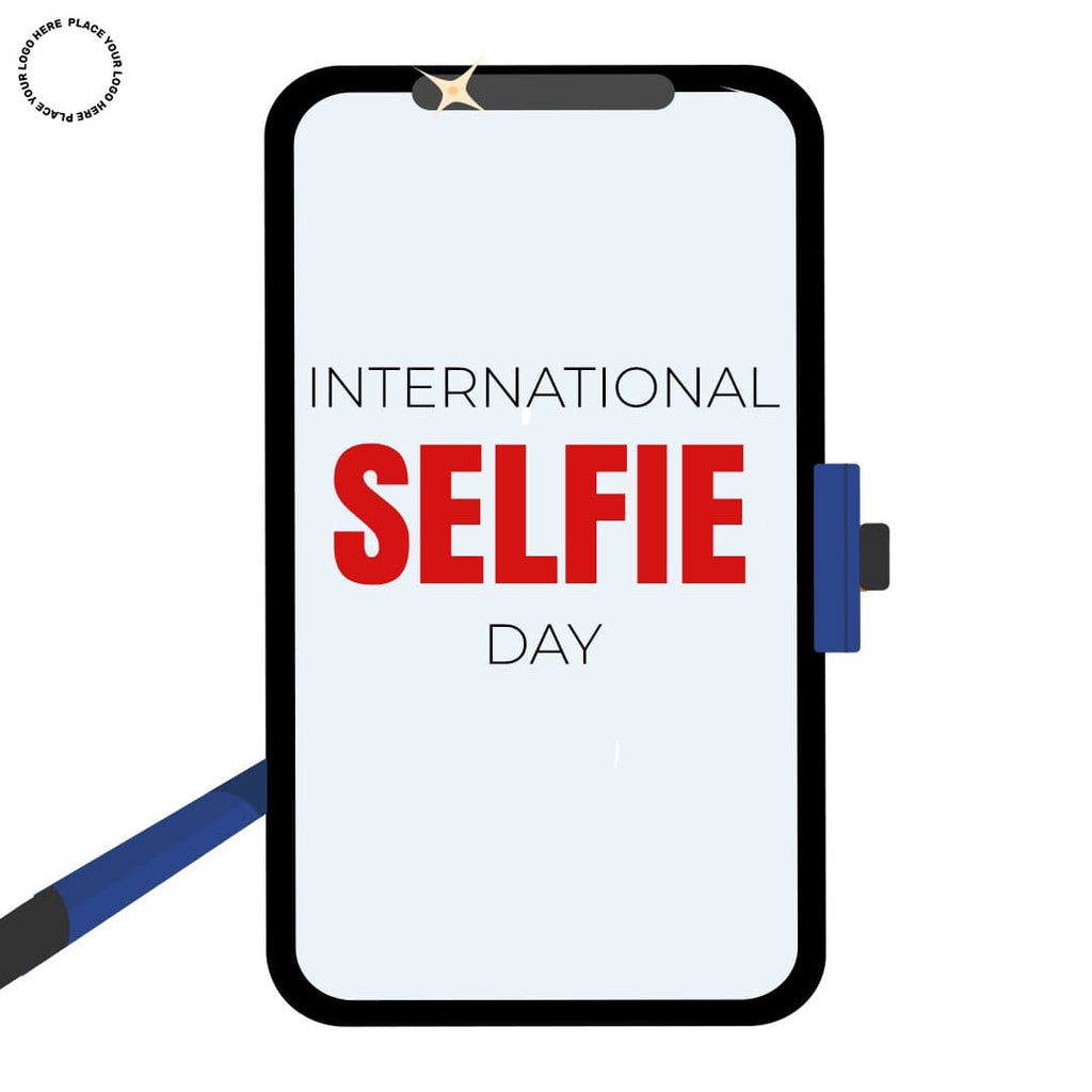 Mobile with selfie stick clicking selfie with international selfie day written on the screen social media static post