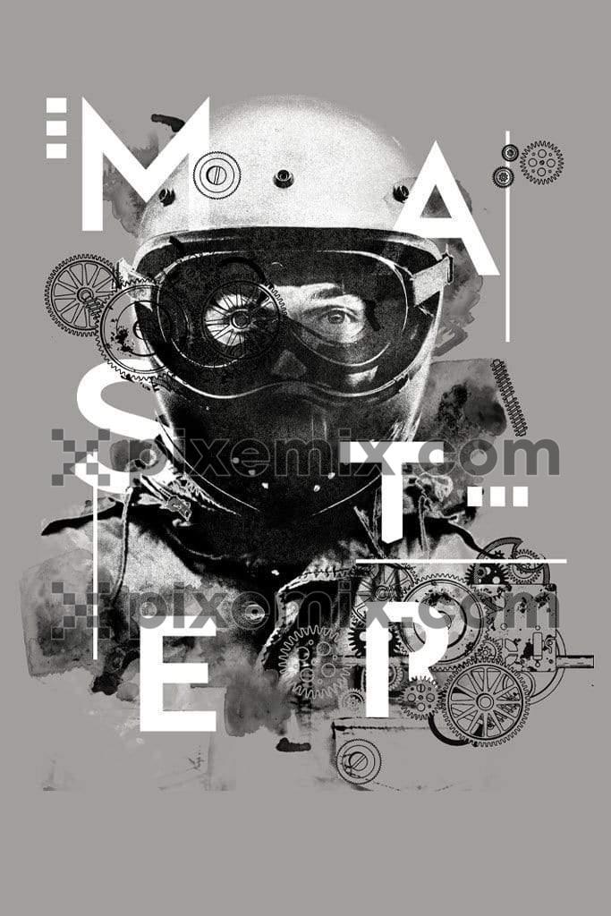 Vintage motorcycling gear product graphic with distress effect