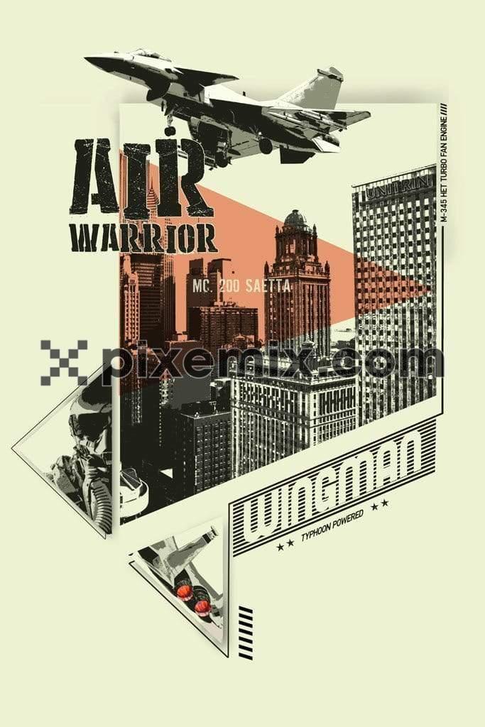 Military fighter jet in city landscape product graphic with distress effect