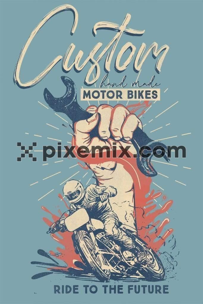 Vintage handart motorcycling product graphic with distress effect
