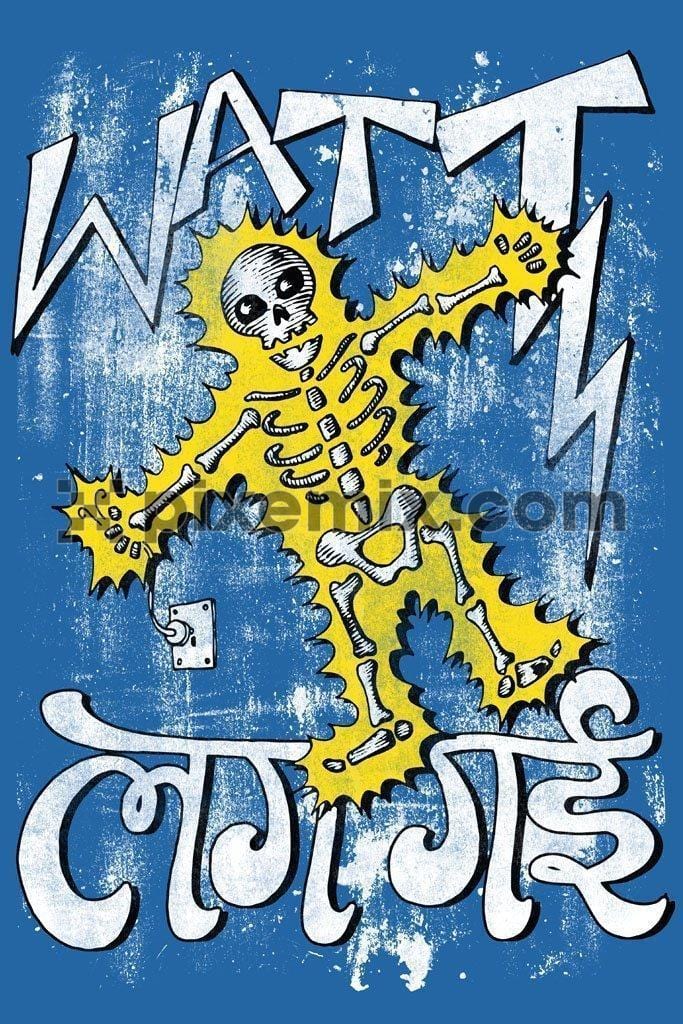 Electric shocked skeleton indian humour product graphic with typography
