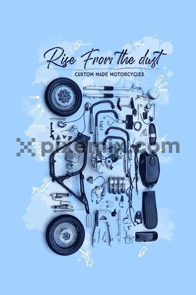 Motorcycle parts laydown product graphic with water color effects