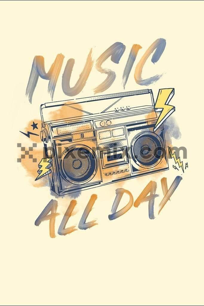 Vintage boombox product graphic with water color effect typography