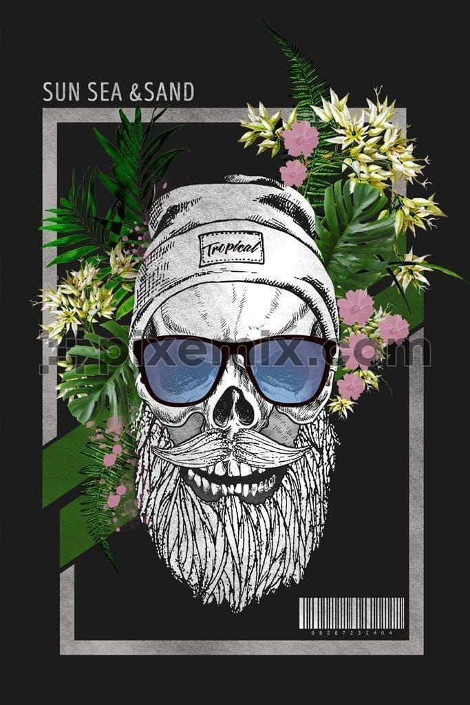 Tropical bearded skull product graphic