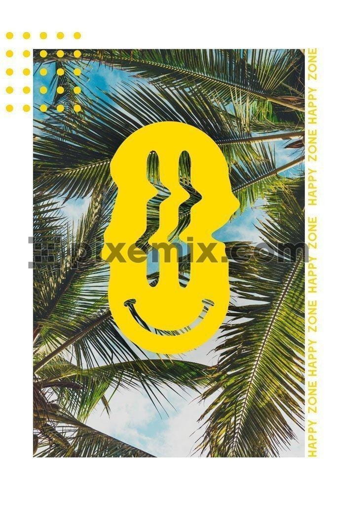 Distorted happy emoji with palm tree image product graphic