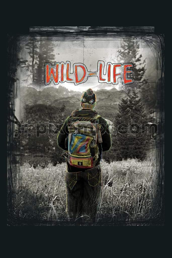Wildlife adventure product graphic with doodle art