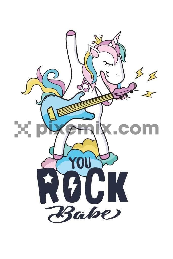 Cartoon unicorn rocking with guitar vector product graphic
