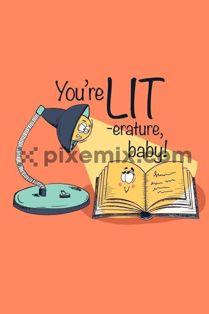 Punny pickup line cartoon lamp and book vector product graphic