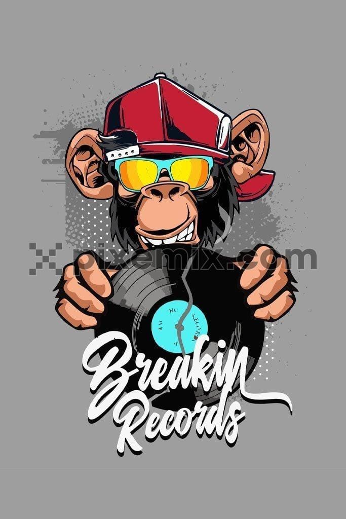 Monkey breaking record quirky vector product graphic