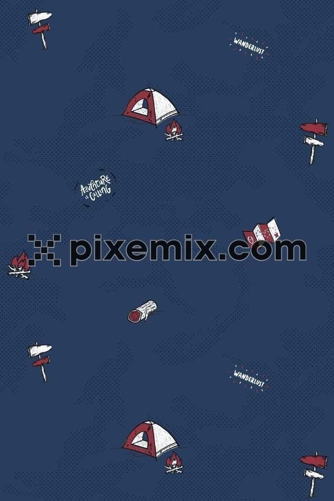 Adventure camping inspired quirky vector pattern product graphic with distress effect