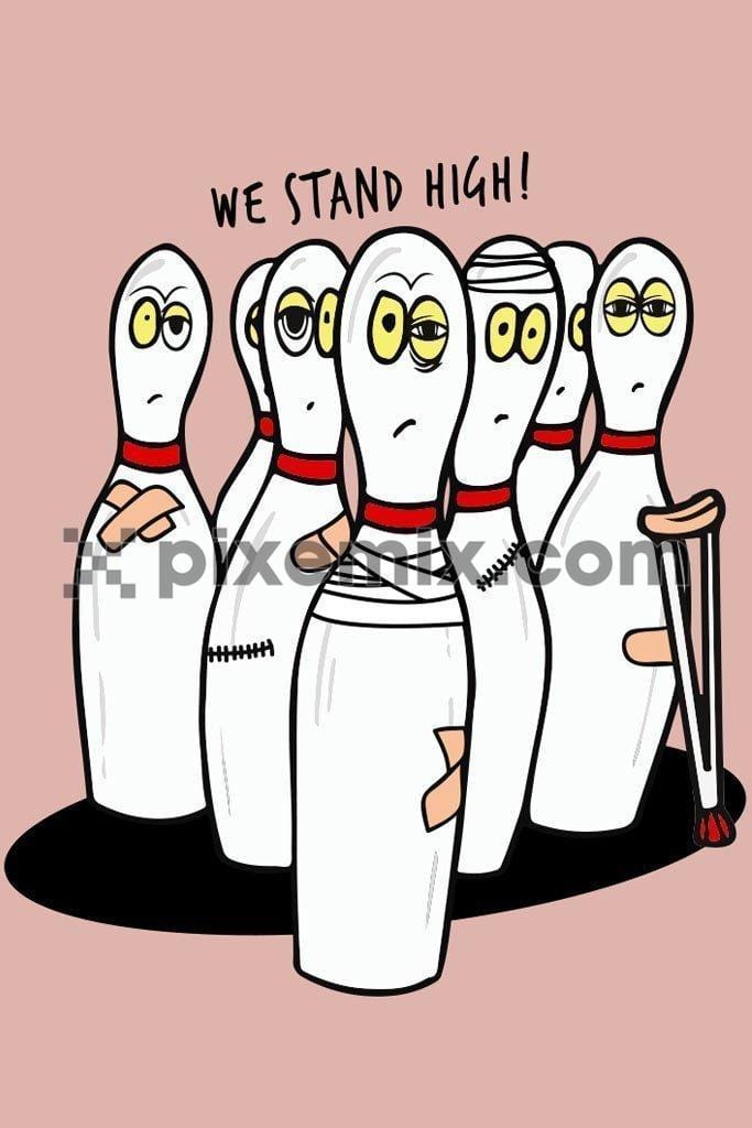 Bowling game motivational quirky cartoon vector product graphic