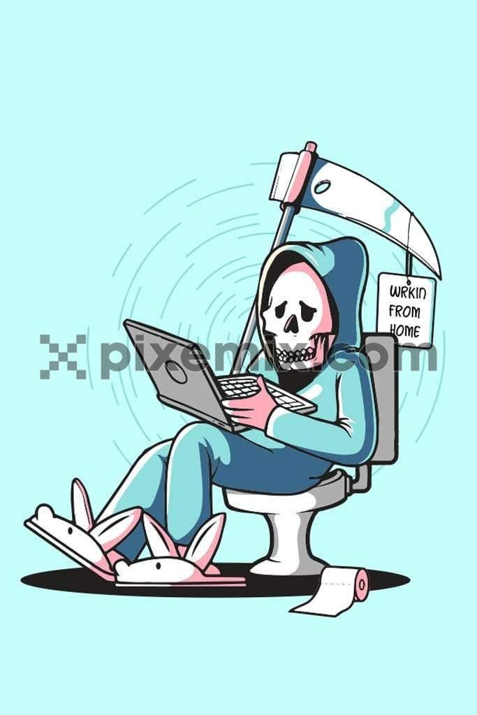Cartoon grim reaper working from home quirky vector product graphic