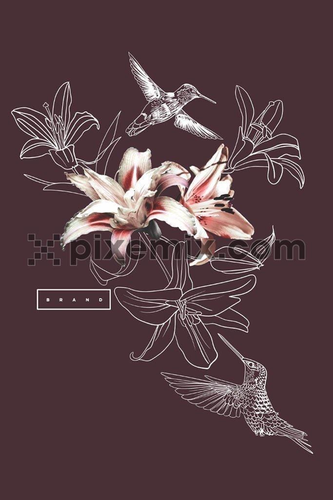 Tiger lily floral line art vector product graphic with humming bird