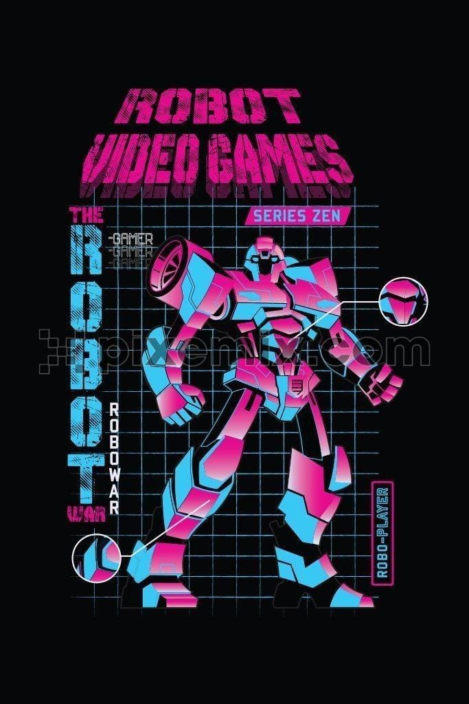 Robot video game vector product graphic with distress typography