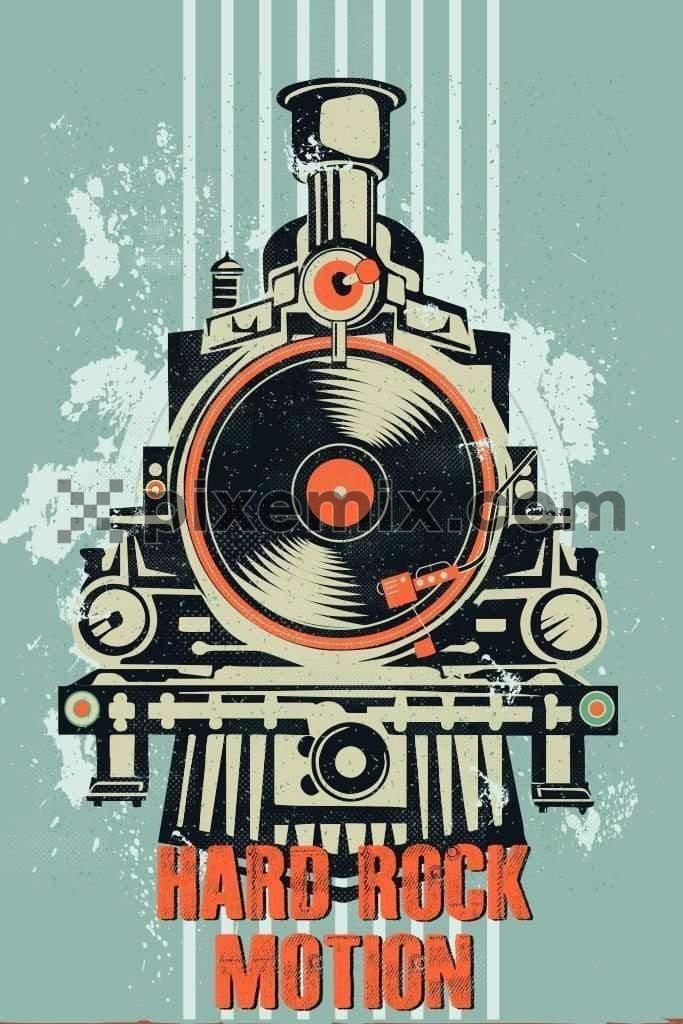 Retro rail engine with music record vector product graphic