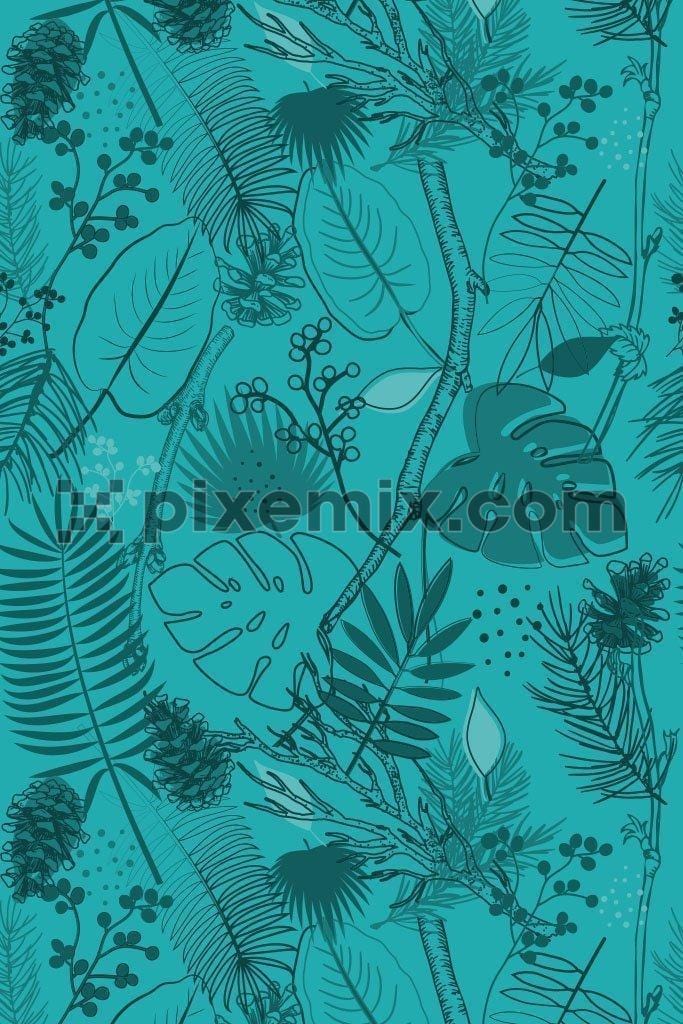 Monochrome tropical leaves line art vector pattern product graphic