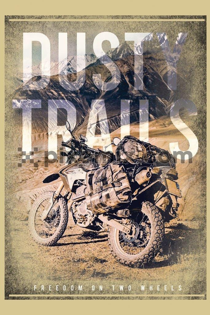 Mountain motorcycle bike trip product graphic with double exposure typography