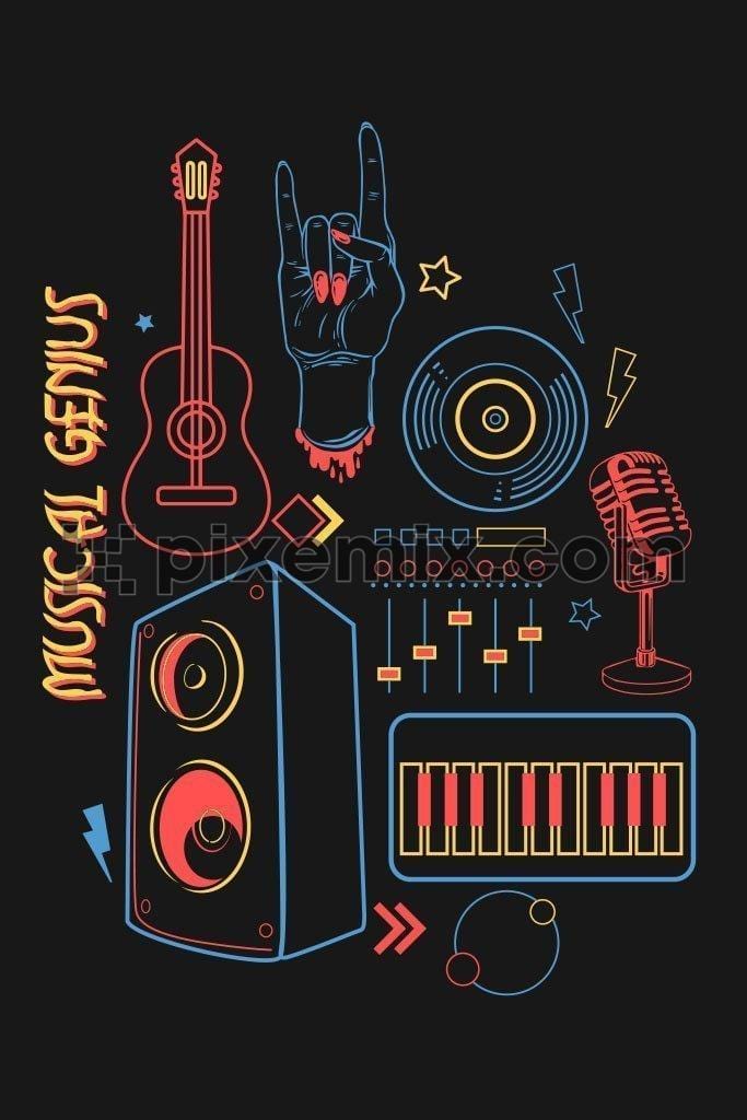 Musical instruments isolated on black background product graphic
