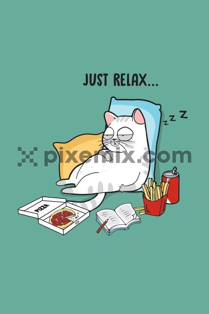 Cute white lazy sleeping cat on the floor with cartoon lettering just relax product graphic