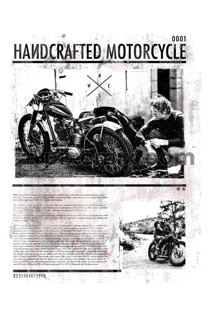 Handcrafted motorcycle product graphic with distress background