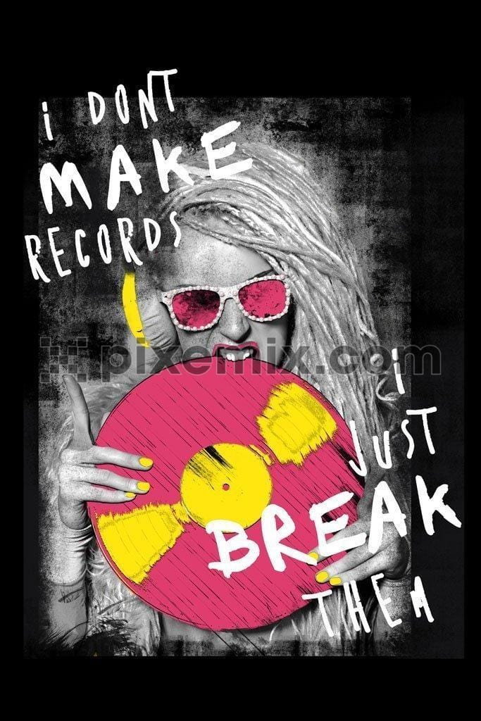 Girl wearing vintage music headphones and holding pink microgroove record product graphic