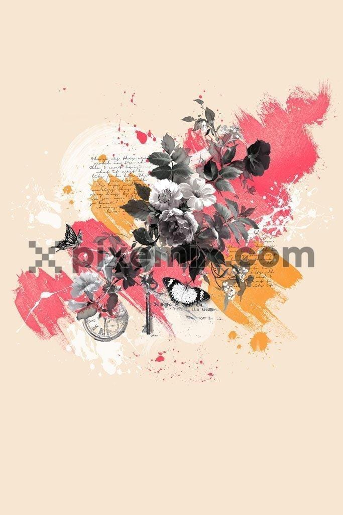 Monochrome floral with color brush backgroung product graphic