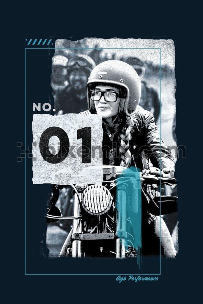 Biker girl in a leather jacket on a motorcycle product graphic