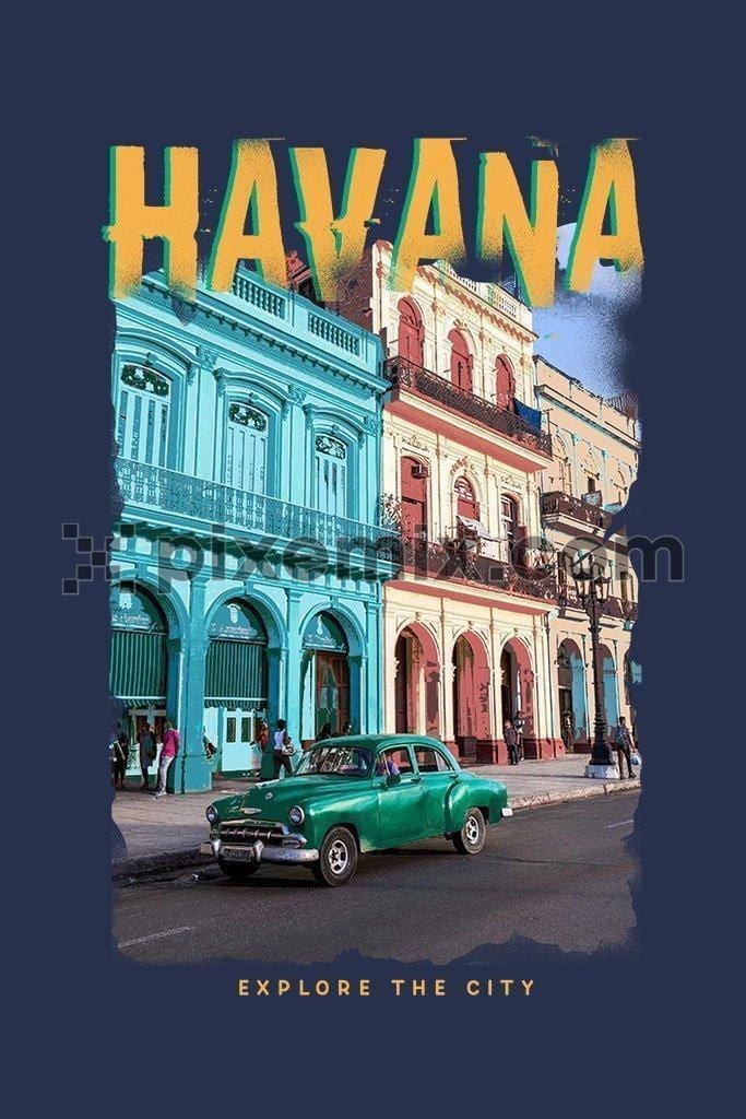 Classic car and old building in havana cuba product graphic