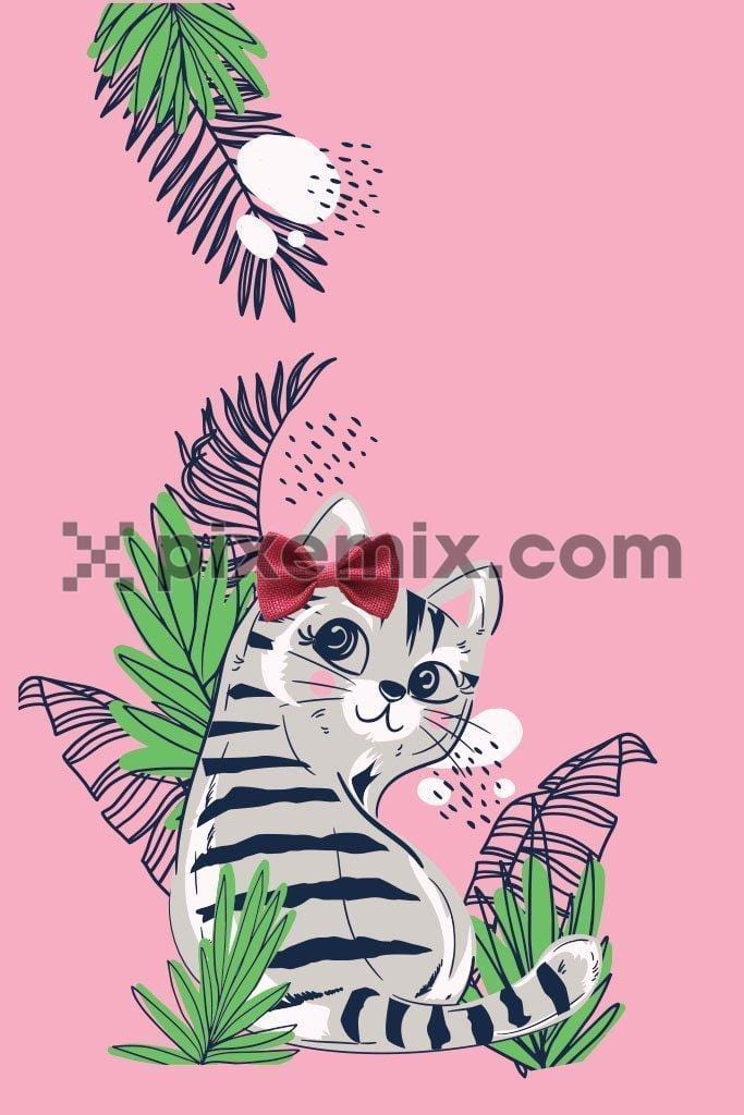 Cute cartoon cat with 3D bow & tropical leaves vector product graphic
