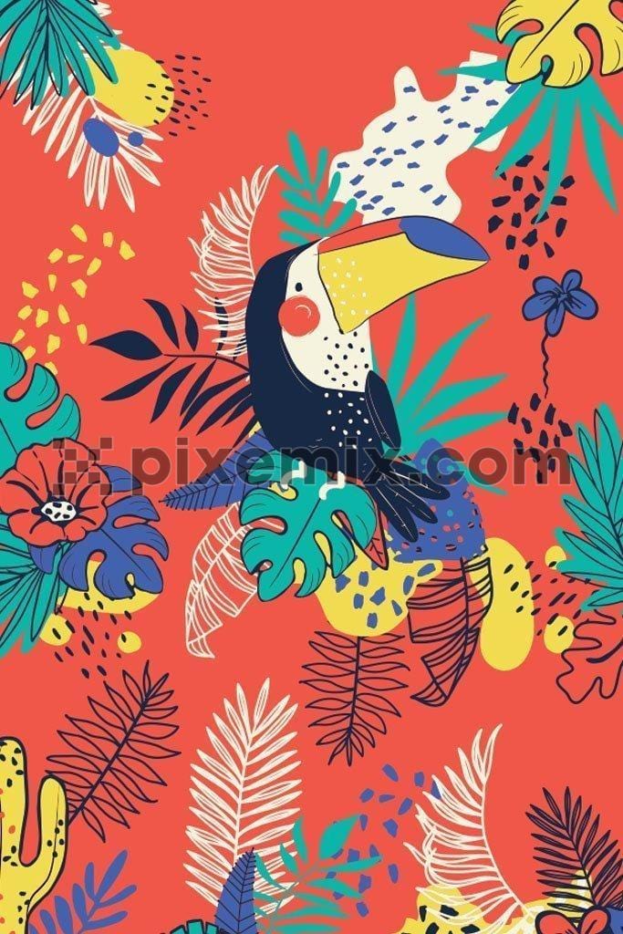 Cartoon toucan around tropical leaves & flowers vector product graphic