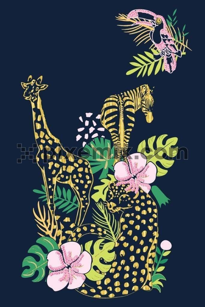 Tropical wild animals product graphic with gold foil & sequins effect