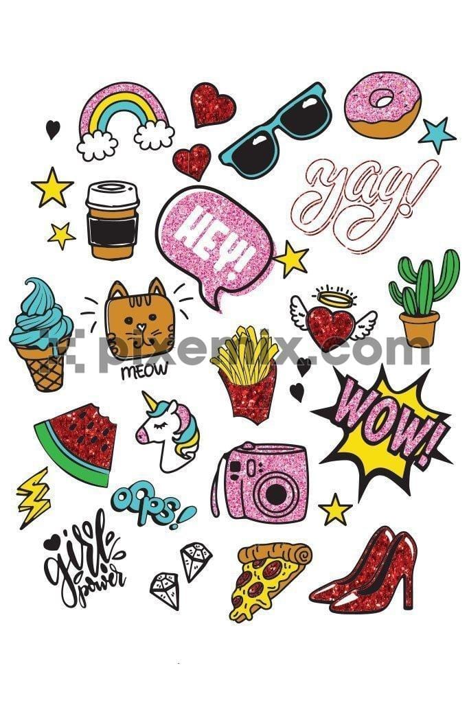 Cute doodled girly icons product graphic with glitter effect