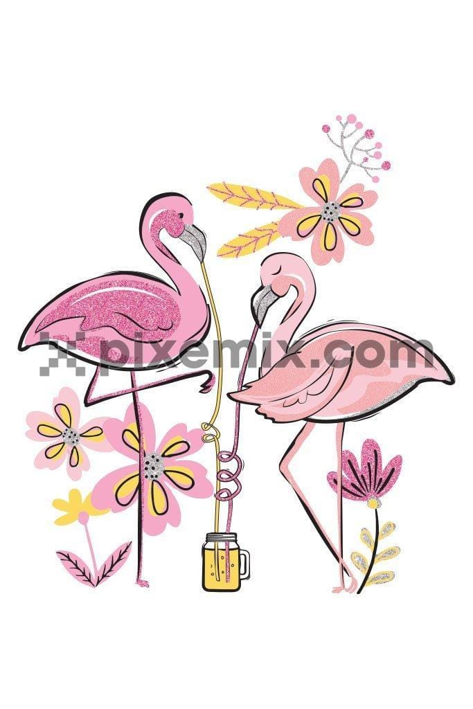 Cute flamingo couple having tropical drink product graphic with glitter effect