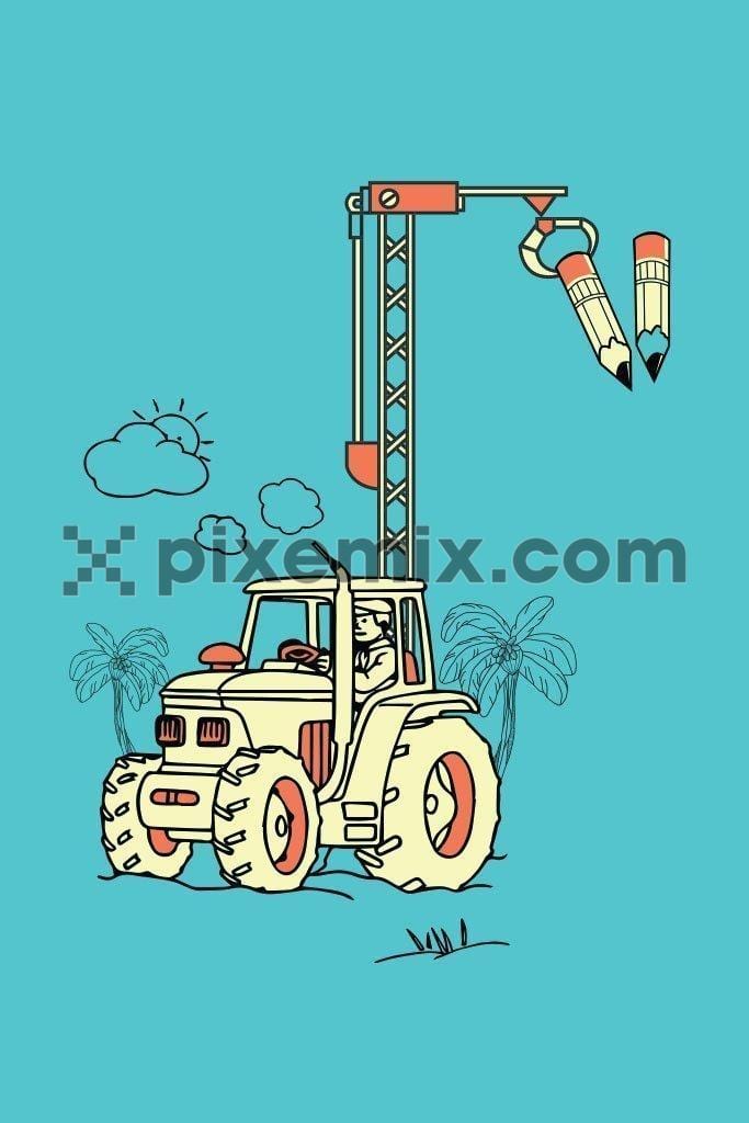 Doodled crane holding pencil vector product graphic