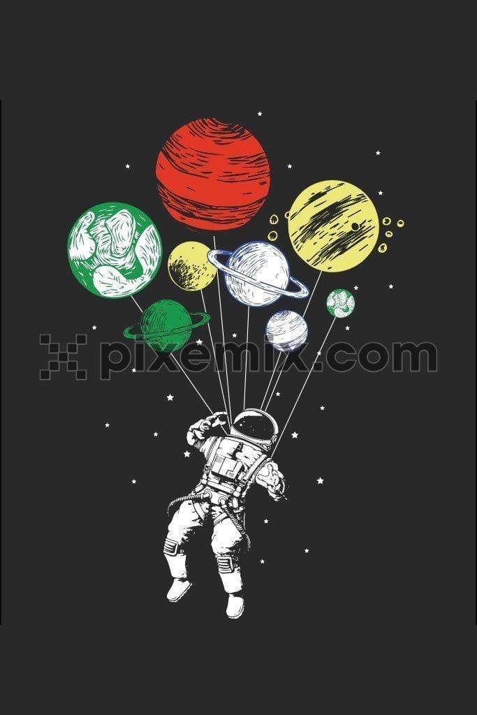Astronaut holding balloons planets product graphic