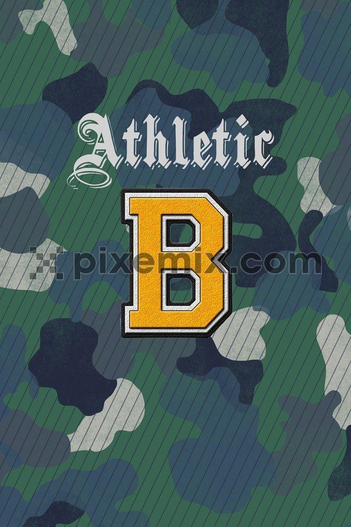 Varsity inspired 3D patched letter with camouflage background product graphic