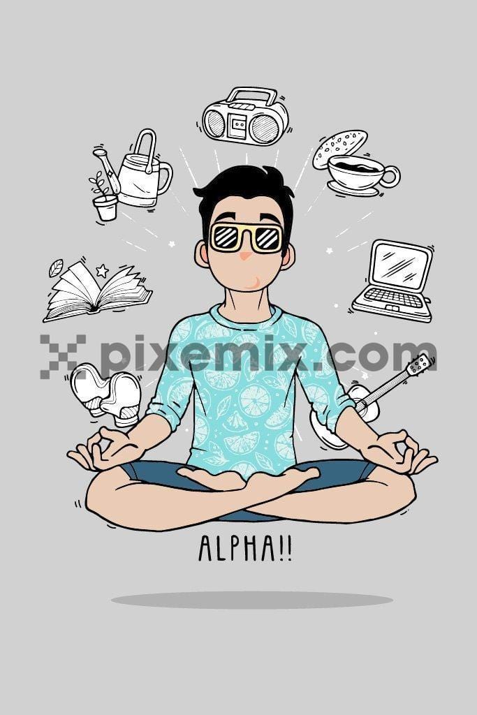 Young boy meditating around home routine activities inspired vector icons product graphic